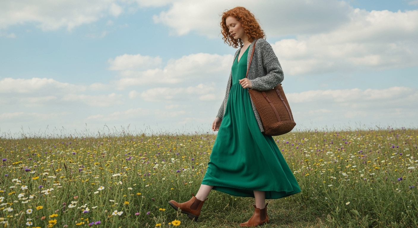 Woman in dress, boots, walks through wildflowers.