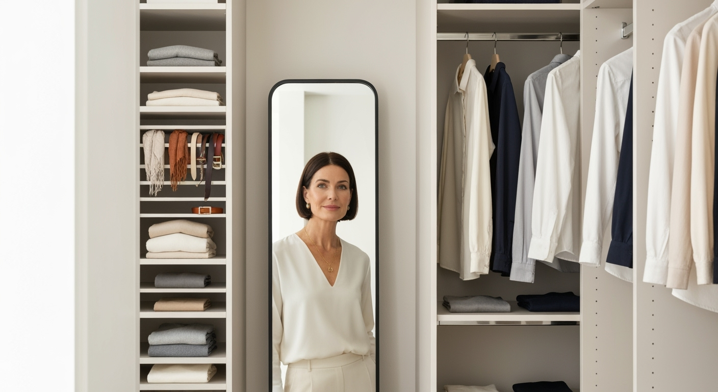 Woman in tidy neutral-tone closet; clothes, shelves, mirror.