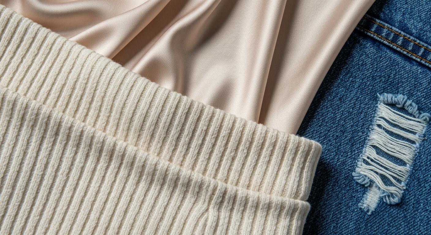Fabric textures: ribbed cotton, satin, denim.