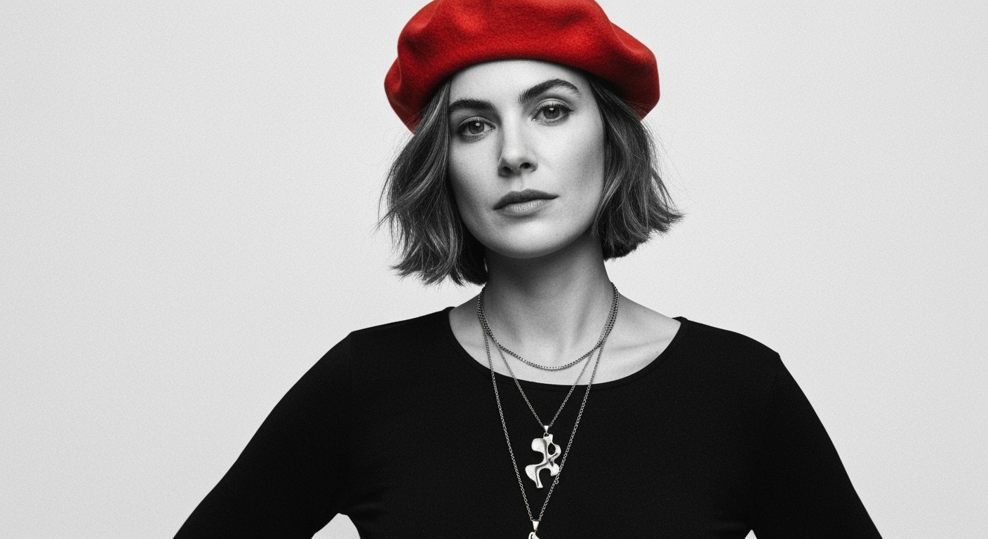 Woman in beret with layered necklaces.