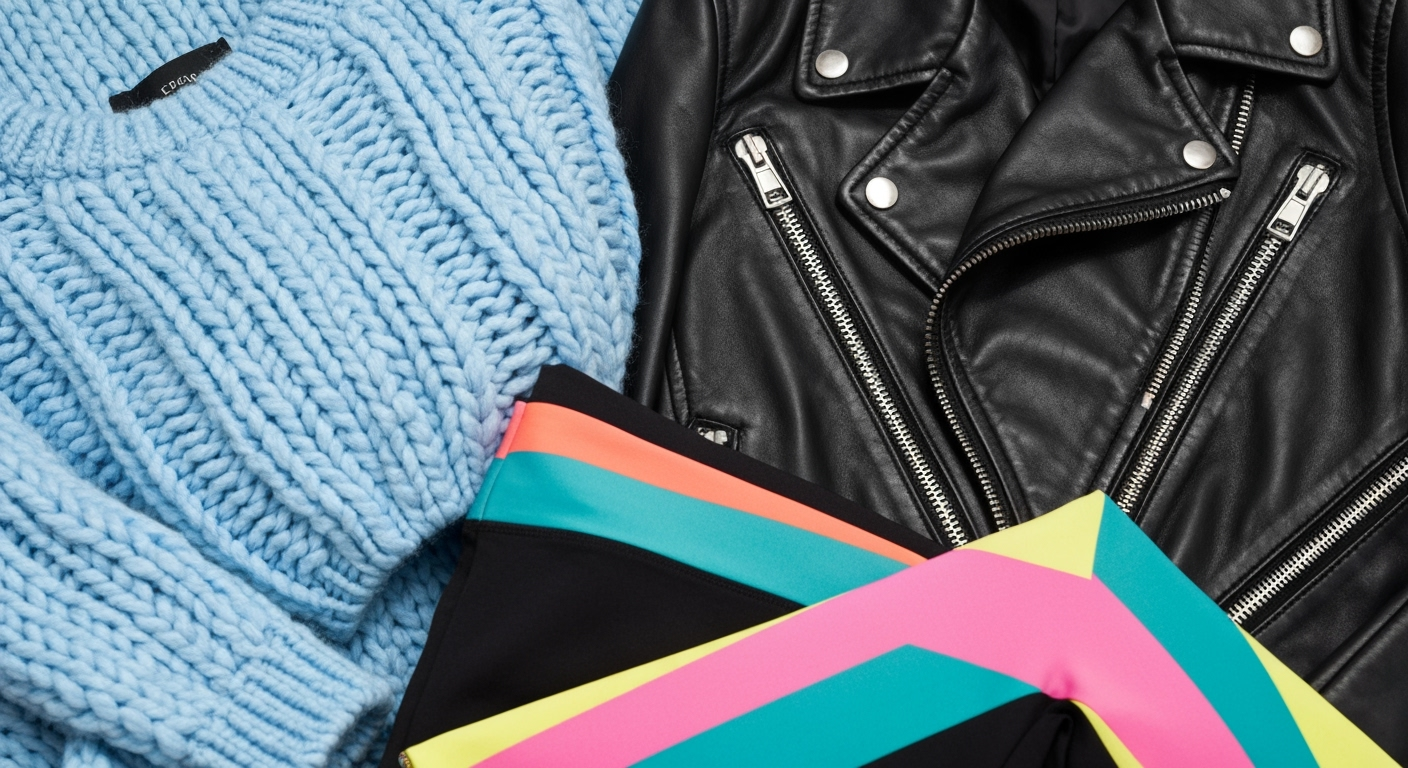 Athleisure wear: knit sweater, jacket, colorful leggings.