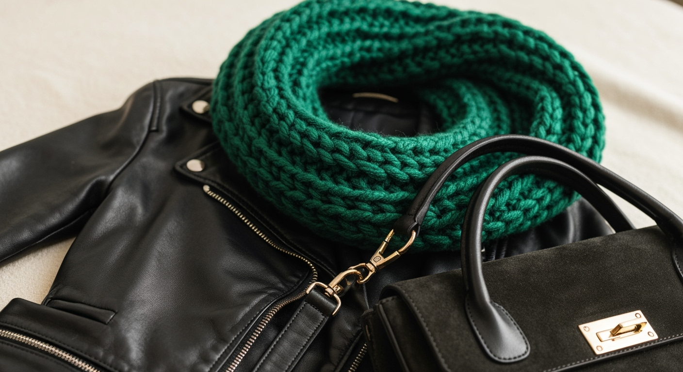 Scarf, leather jacket, and suede purse textures.