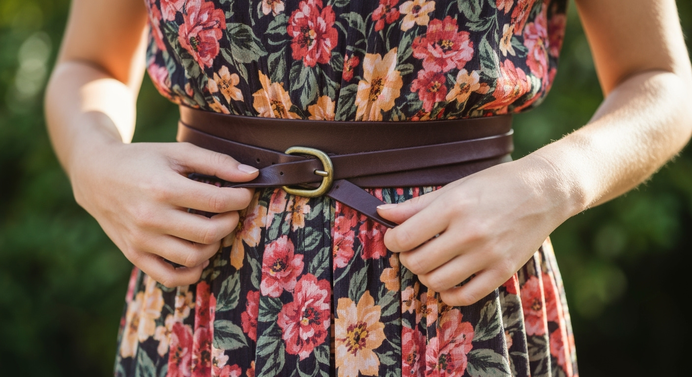Woman’s hands adjust brown belt on floral dress.