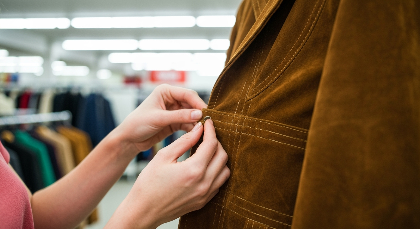 Woman inspects jacket stitching in thrift store