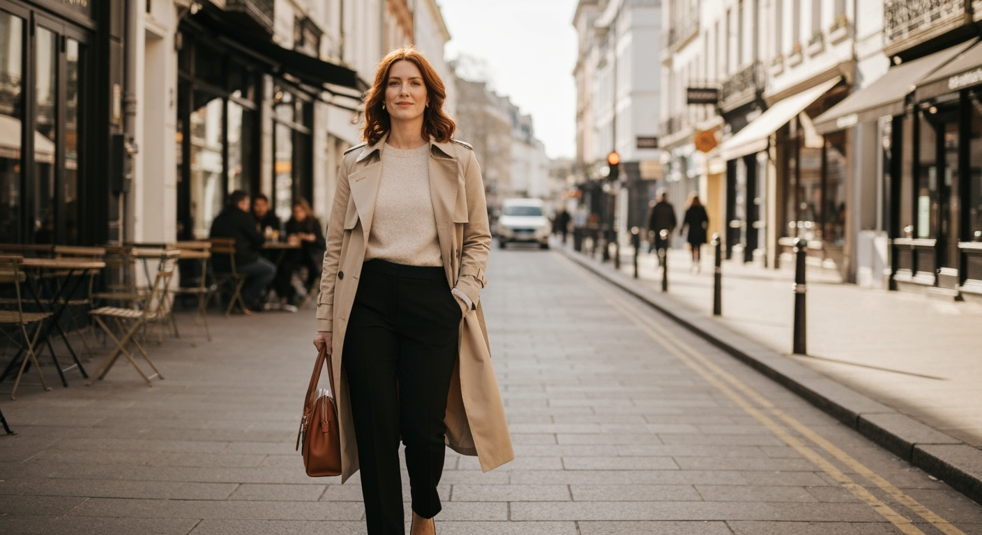 Woman in trench coat walks city street.