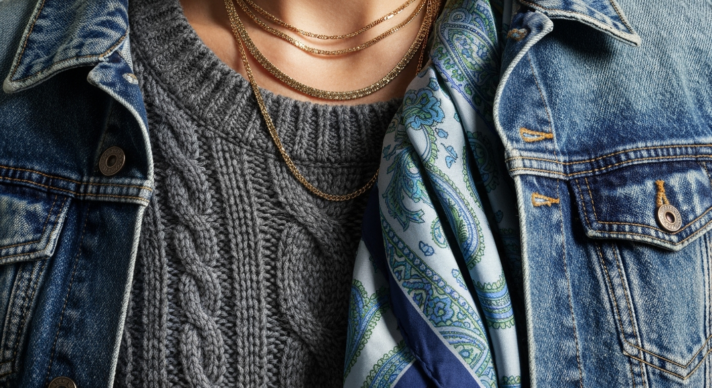 Knit, scarf, denim, and gold necklaces layered.